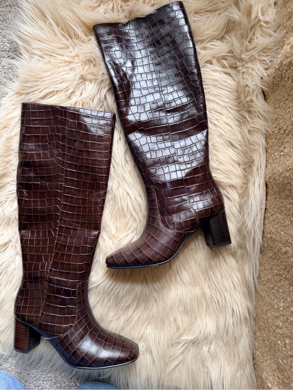 J.Crew Brown Croc Embossed Knee High Boots Size 6 Stacked Heel
